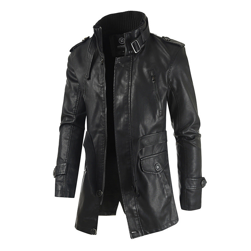 Men's Mid-length Leather Coat Stand Collar Fleece-lined Thickened