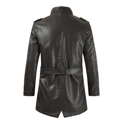 Men's Mid-length Leather Coat Stand Collar Fleece-lined Thickened