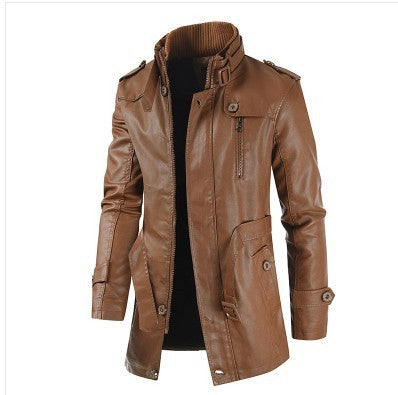 Men's Mid-length Leather Coat Stand Collar Fleece-lined Thickened