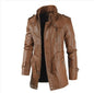 Men's Mid-length Leather Coat Stand Collar Fleece-lined Thickened